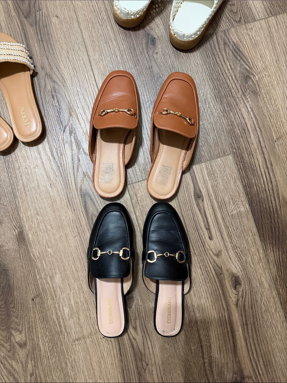 Backless Horsebit Mules in Black and Tan